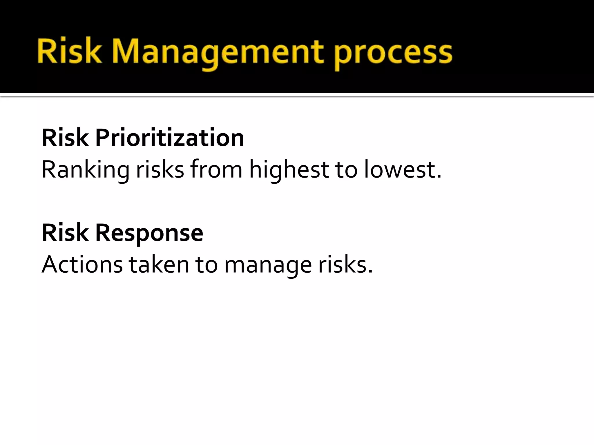 Risk Prioritization
Ranking risks from highest to lowest.
Risk Response
Actions taken to manage risks.
 