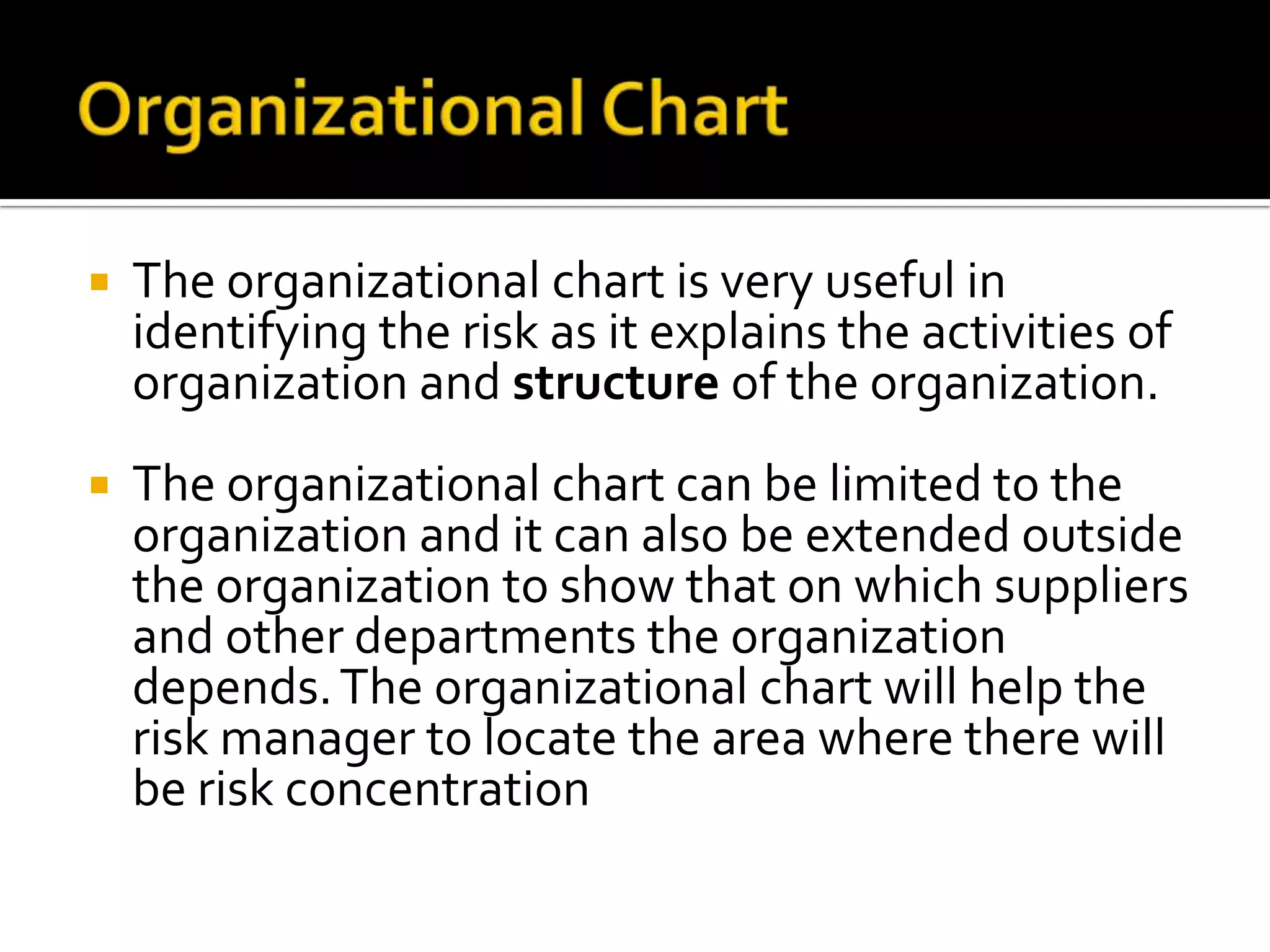  The organizational chart is very useful in
identifying the risk as it explains the activities of
organization and structure of the organization.
 The organizational chart can be limited to the
organization and it can also be extended outside
the organization to show that on which suppliers
and other departments the organization
depends.The organizational chart will help the
risk manager to locate the area where there will
be risk concentration
 
