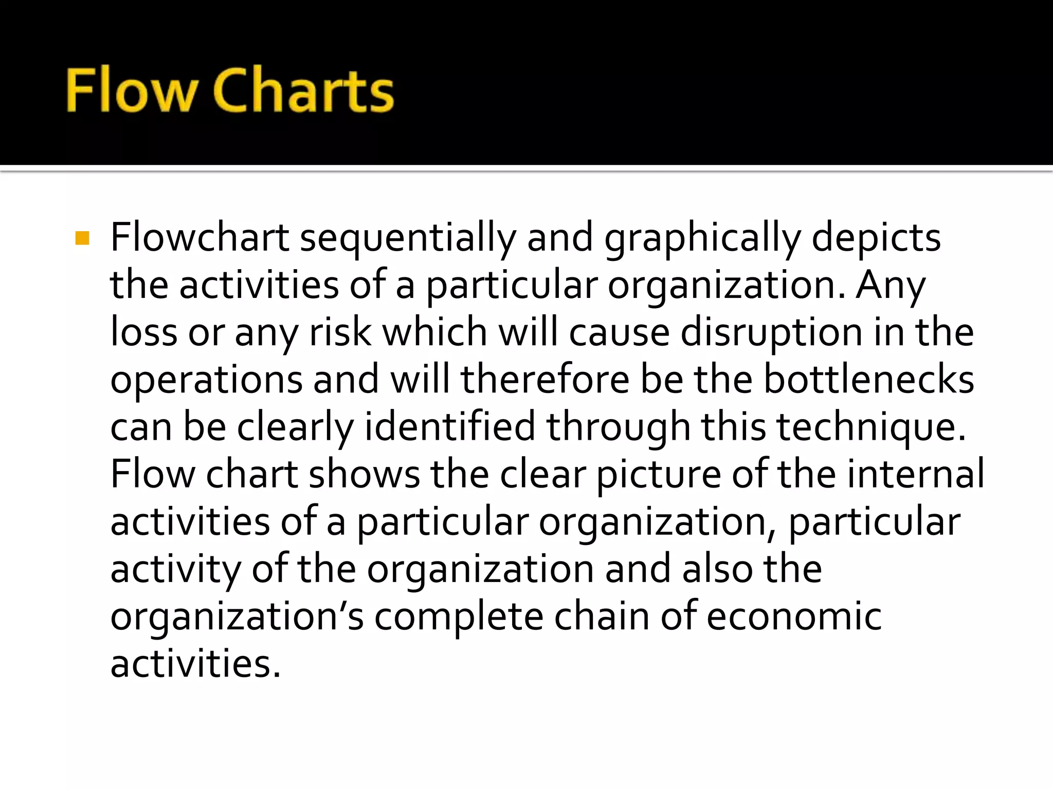  Flowchart sequentially and graphically depicts
the activities of a particular organization. Any
loss or any risk which will cause disruption in the
operations and will therefore be the bottlenecks
can be clearly identified through this technique.
Flow chart shows the clear picture of the internal
activities of a particular organization, particular
activity of the organization and also the
organization’s complete chain of economic
activities.
 