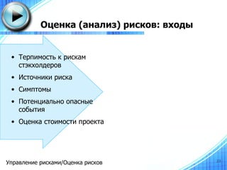 Оценка (анализ) рисков: входы


 • Терпимость к рискам
   стэкхолдеров
 • Источники риска
 • Симптомы
 • Потенциально опасные
   события
 • Оценка стоимости проекта




Управление рисками/Оценка рисков           23
 