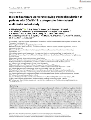 Original Article
Risks to healthcare workers following tracheal intubation of
patients with COVID-19: a prospective international
multicentre cohort study
K. El-Boghdadly 1,2
, D. J. N. Wong ,3
R. Owen,4
M. D. Neuman ,5
S. Pocock,6
J. B. Carlisle,7
C. Johnstone ,1
P. Andruszkiewicz,8
P. A. Baker,9
B. M. Biccard ,10
G. L. Bryson ,11
M. T. V. Chan,12
M. H. Cheng,13
K. J. Chin ,14
M. Coburn,15
M. Jonsson Fagerlund,16
S. N. Myatra,17
P. S. Myles,18
E. O’Sullivan ,19
L. Pasin,20
F. Shamim,21
W. A. van Klei22
and I. Ahmad1,2
1 Consultant, 3 Specialty Trainee, Department of Anaesthesia and Peri-operative Medicine, Guy’s and St Thomas’ NHS
Foundation Trust, London, UK
2 Honorary Senior Lecturer, King’s College London, UK
4 Research Fellow in Medical Statistics, 6 Professor of Medical Statistics, London School of Hygiene and Tropical
Medicine, London, UK
5 Associate Professor, Penn Centre for Peri-operative Outcomes Research and Transformation, University of
Pennsylvania, USA
7 Consultant, Department of Anaesthesia, Peri-operative Medicine and Intensive Care, Torbay Hospital, UK
8 Associate Professor, Department of Anaesthesiology and Intensive Care, Institute of Tuberculosis and Lung Diseases,
Warsaw, Poland
9 Associate Professor, University of Auckland, New Zealand
10 Professor, Department of Anaesthesia and Perioperative Medicine, University of Cape Town, South Africa
11 Associate Professor, Department of Anaesthesia and Pain Medicine, University of Ottawa, Canada
12 Professor, The Chinese University of Hong Kong, Hong Kong
13 Consultant, Division of Anaesthesiology, Singapore General Hospital, Singapore
14 Associate Professor, Department of Anaesthesia and Pain Medicine, University of Toronto, Canada
15 Professor, Department of Anaesthesia, University Hospital RWTH Aachen, Germany
16 Associate Professor, Peri-operative Medicine and Intensive Care, Karolinska University Hospital, Sweden
17 Professor, Department of Anaesthesiology, Critical Care and Pain, Tata Memorial Hospital, Mumbai, India
18 Professor, Department of Anaesthesiology and Perioperative Medicine, Monash University, Melbourne, Australia
19 Professor, St James’ Hospital, Dublin, Ireland
20 Consultant, Department of Anaesthesia and Intensive Care, Azienda Ospedale-Universit
a di Padova, Italy
21 Associate Professor, Department of Anaesthesiology, Aga Khan University Hospital, Pakistan
22 Professor and Chair, Division Anaesthesia, Intensive Care and Emergency Medicine, University Medical Center
Utrecht, Netherlands
Summary
Healthcare workers involved in aerosol-generating procedures, such as tracheal intubation, may be at elevated
risk of acquiring COVID-19. However, the magnitude of this risk is unknown. We conducted a prospective
international multicentre cohort study recruiting healthcare workers participating in tracheal intubation of
patients with suspected or conﬁrmed COVID-19. Information on tracheal intubation episodes, personal
protective equipment use and subsequent provider health status was collected via self-reporting. The primary
endpoint was the incidence of laboratory-conﬁrmed COVID-19 diagnosis or new symptoms requiring self-
isolation or hospitalisation after a tracheal intubation episode. Cox regression analysis examined associations
between the primary endpoint and healthcare worker characteristics, procedure-related factors and personal
protective equipment use. Between 23 March and 2 June 2020, 1718 healthcare workers from 503 hospitals in
17 countries reported 5148 tracheal intubation episodes. The overall incidence of the primary endpoint was
10.7% over a median (IQR [range]) follow-up of 32 (18–48 [0–116]) days. The cumulative incidence within 7, 14
© 2020 The Authors. Anaesthesia published by John Wiley  Sons Ltd on behalf of Association of Anaesthetists 1437
This is an open access article under the terms of the Creative Commons Attribution-NonCommercial License, which permits use,
distribution and reproduction in any medium, provided the original work is properly cited and is not used for commercial purposes.
Anaesthesia 2021, 75, 1437–1447 doi:10.1111/anae.15170
 