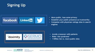Signing Up
12
• Avoids crossover with patients
• Risks ‘silo syndrome’
• ? HIPAA risk vs. more public sites
• More public, lose some privacy
• Establish your public presence as trustworthy
• Competes with physician ratings sites in search
engines
MATTHEW KATZ, M.D. http://bit.ly/MSKSlideshare
 