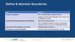 Define & Maintain Boundaries
Goal Method
Protect my patients Don’t acknowledge in public directly
Suggest privately (DM, Message) they contact you
by telephone, email
Avoid establishing therapeutic relationship Don’t give medical advice
Don’t establish/maintain connect with people
seeking more than you’re comfortable sharing
Learn/share with patients (not mine) Validate-Reference-Direct
Promote your practice/hospital Let that entity do the promotion, not you
24MATTHEW KATZ, M.D. http://bit.ly/MSKSlideshare
 