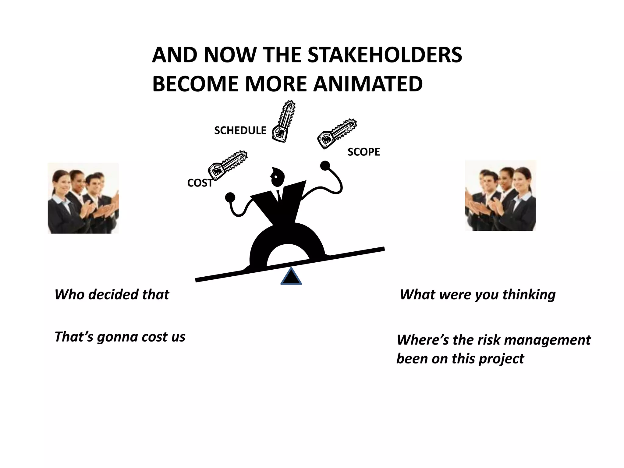 AND NOW THE STAKEHOLDERS
BECOME MORE ANIMATED
SCHEDULE

SCOPE
COST

Who decided that

What were you thinking

That’s gonna cost us

Where’s the risk management
been on this project

 