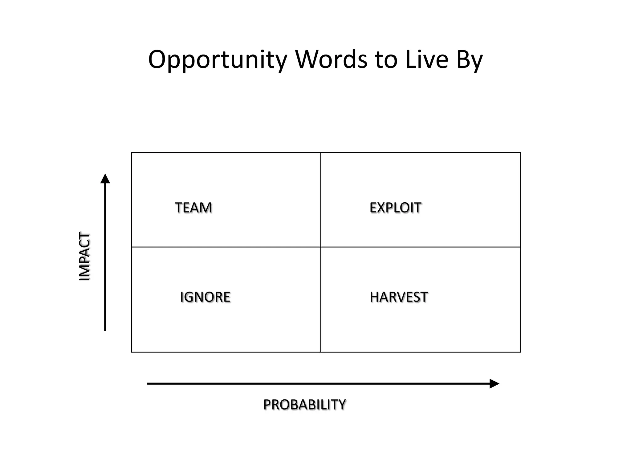 Opportunity Words to Live By

EXPLOIT

IMPACT

TEAM

IGNORE

HARVEST

PROBABILITY

 