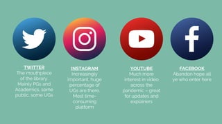 TWITTER
The mouthpiece
of the library.
Mainly PGs and
Academics, some
public, some UGs
INSTAGRAM
Increasingly
important, h...