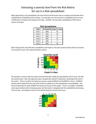 Extracting a severity level from the Risk Matrix
for use in a Risk spreadsheet
When generating a risk spreadsheet, the team will list all the know risks to a project and evaluate them
individually for probability and for impact. For example, one risk may have a probability of occurrence
of 50% with an impact to the project of 25 days. Another risk may have a probability of 35% and an
impact of 10 days.

After listing all the risks with their probabilities and impacts, the team would prioritize them by severity.
The severity of each risk is determined by a matrix.

The question is how to take the matrix and automatically modify the spreadsheet cell for each risk with
the severity level. One very laborious way is to generate nested IF statements, detailing all the cells in
the matrix. There is another less laborious process using HLOOKUP and VLOOKUP in Excel. VLOOKUP
will be used to determine the row of the matrix as called out in the spreadsheet, the probability. The
basic functionality for both LOOKUP formulas are not part of this paper. There is a problem; VLOOKUP
scans top to bottom with increasing values and the matrix is designed with the probabilities decreasing
from the top. Inverting the matrix in the vertical direction corrects that issue.

1
Juha Salenius

 