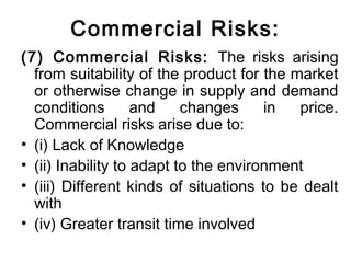 Commercial Risks:
(7) Commercial Risks: The risks arising
from suitability of the product for the market
or otherwise change in supply and demand
conditions and changes in price.
Commercial risks arise due to:
• (i) Lack of Knowledge
• (ii) Inability to adapt to the environment
• (iii) Different kinds of situations to be dealt
with
• (iv) Greater transit time involved
 