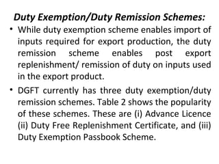 Duty Exemption/Duty Remission Schemes:
• While duty exemption scheme enables import of
inputs required for export production, the duty
remission scheme enables post export
replenishment/ remission of duty on inputs used
in the export product.
• DGFT currently has three duty exemption/duty
remission schemes. Table 2 shows the popularity
of these schemes. These are (i) Advance Licence
(ii) Duty Free Replenishment Certificate, and (iii)
Duty Exemption Passbook Scheme.
 
