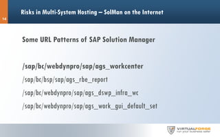 Risks in Multi-System Hosting – SolMan on the Internet
Some URL Patterns of SAP Solution Manager
/sap/bc/webdynpro/sap/ags_workcenter
/sap/bc/bsp/sap/ags_rbe_report
/sap/bc/webdynpro/sap/ags_dswp_infra_wc
/sap/bc/webdynpro/sap/ags_work_gui_default_set
14
 