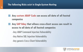 The following Risks exist in Single-System Hosting
18
Any custom ABAP Code can access all data of all hosted
companies
Any SAP 0day that allows cross-client access can result in
access to all data of all hosted companies
-Any ABAP Command Injection Vulnerability
-Any Native SQL Injection Vulnerability
-Any generic Cross-Client Vulnerability
 