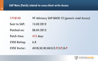 SAP Note (Patch) related to cross-client write Access
25
1718145 VF Advisory SAP-BACK-12 (generic read Access)
Sent to SAP: 13.02.2012
Patched on: 08.04.2013
Patch time: 415 days
CVSS Rating: 6.0
CVSS Vector: AV:N/AC:M/AU:S/C:P/I:P/A:P
 