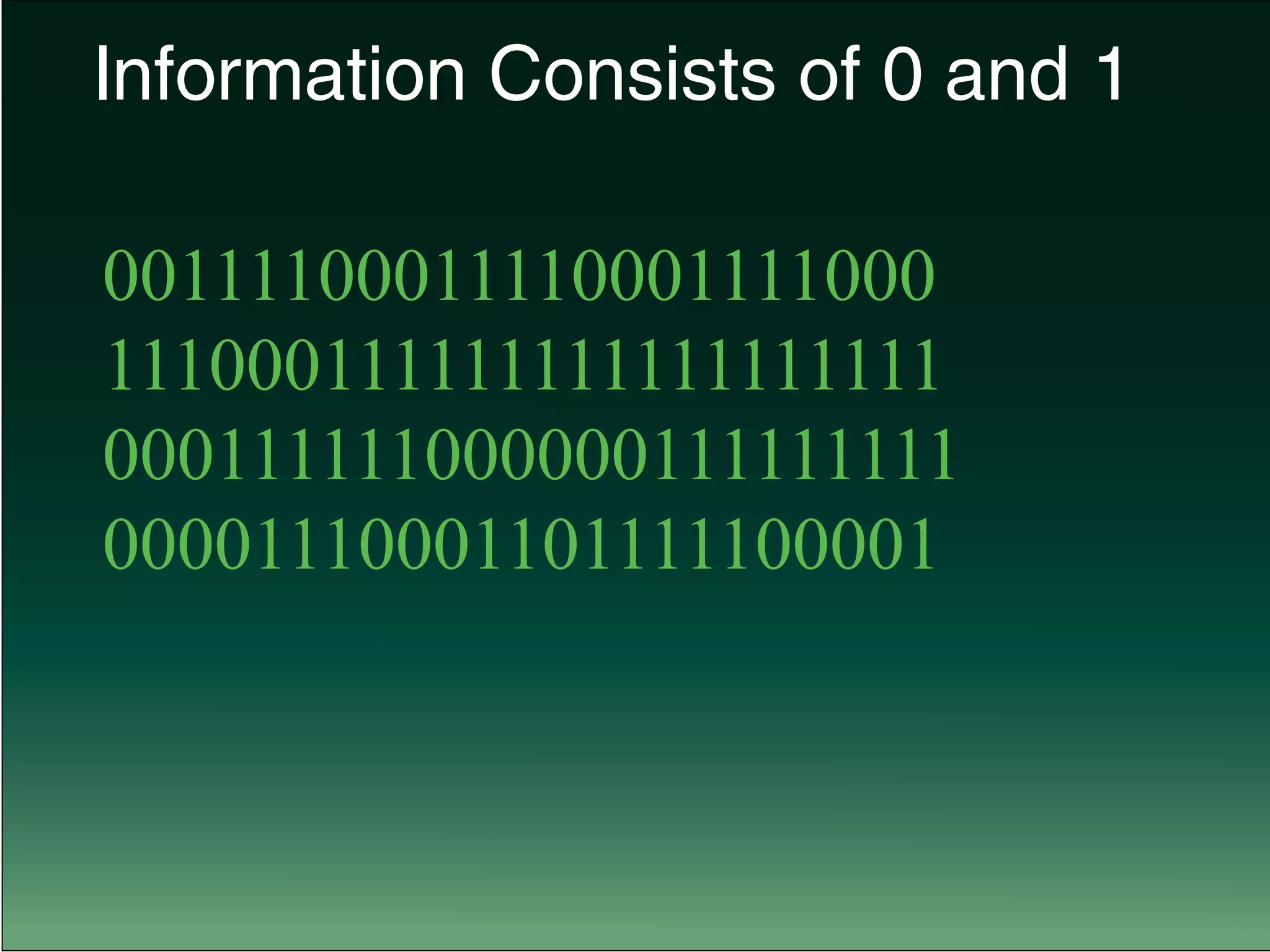 Information Consists of 0 and 1
00111100011110001111000
111000111111111111111111
000111111000000111111111
00001110001101111100001
 