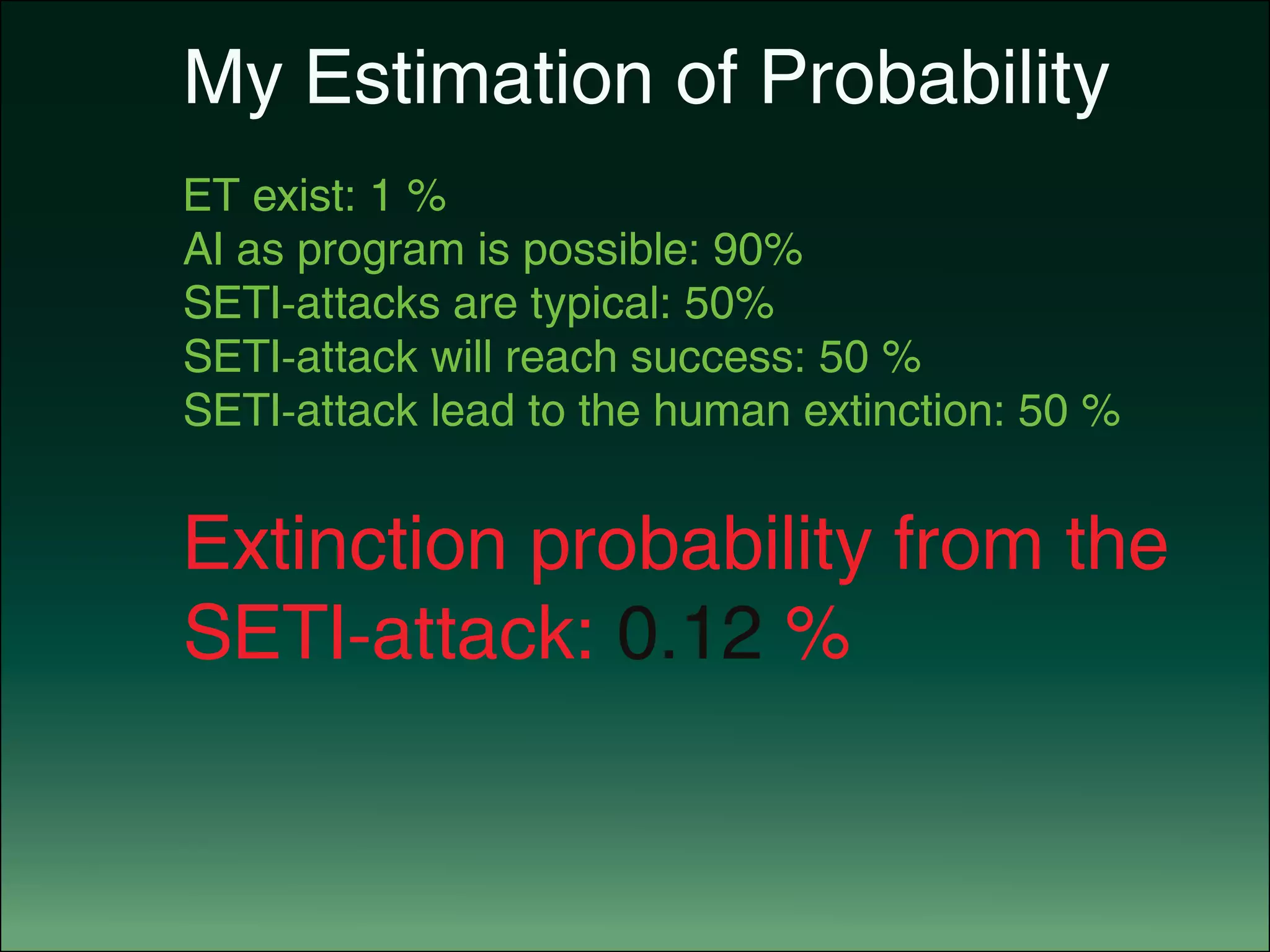My Estimation of Probability
		 ET exist: 1 %
		 AI as program is possible: 90%
		 SETI-attacks are typical: 50%
		 SETI-attack will reach success: 50 %
		 SETI-attack lead to the human extinction: 50 %
		 Extinction probability from the
	 	SETI-attack: 0.12 %
 