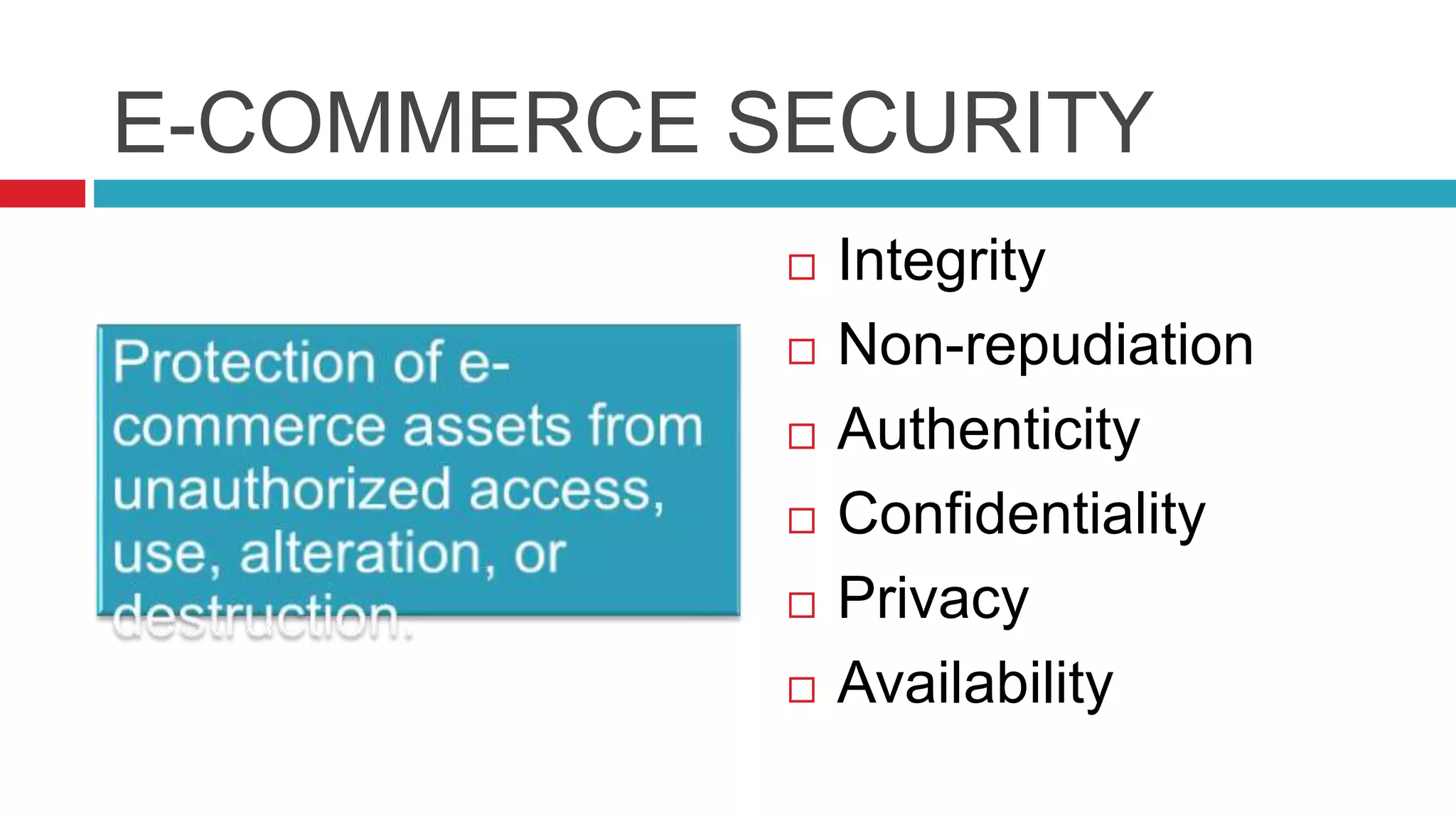 E-COMMERCE SECURITY
 Integrity
 Non-repudiation
 Authenticity
 Confidentiality
 Privacy
 Availability
 