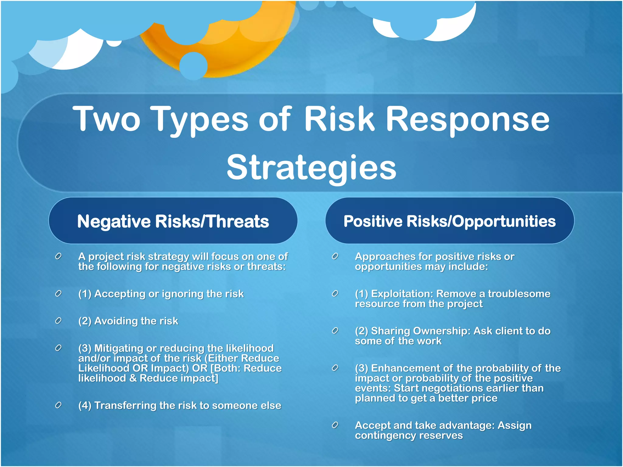 Two Types of Risk Response
Strategies
Negative Risks/Threats
A project risk strategy will focus on one of
the following for negative risks or threats:
(1) Accepting or ignoring the risk
(2) Avoiding the risk
(3) Mitigating or reducing the likelihood
and/or impact of the risk (Either Reduce
Likelihood OR Impact) OR [Both: Reduce
likelihood & Reduce impact]
(4) Transferring the risk to someone else
Positive Risks/Opportunities
Approaches for positive risks or
opportunities may include:
(1) Exploitation: Remove a troublesome
resource from the project
(2) Sharing Ownership: Ask client to do
some of the work
(3) Enhancement of the probability of the
impact or probability of the positive
events: Start negotiations earlier than
planned to get a better price
Accept and take advantage: Assign
contingency reserves
 