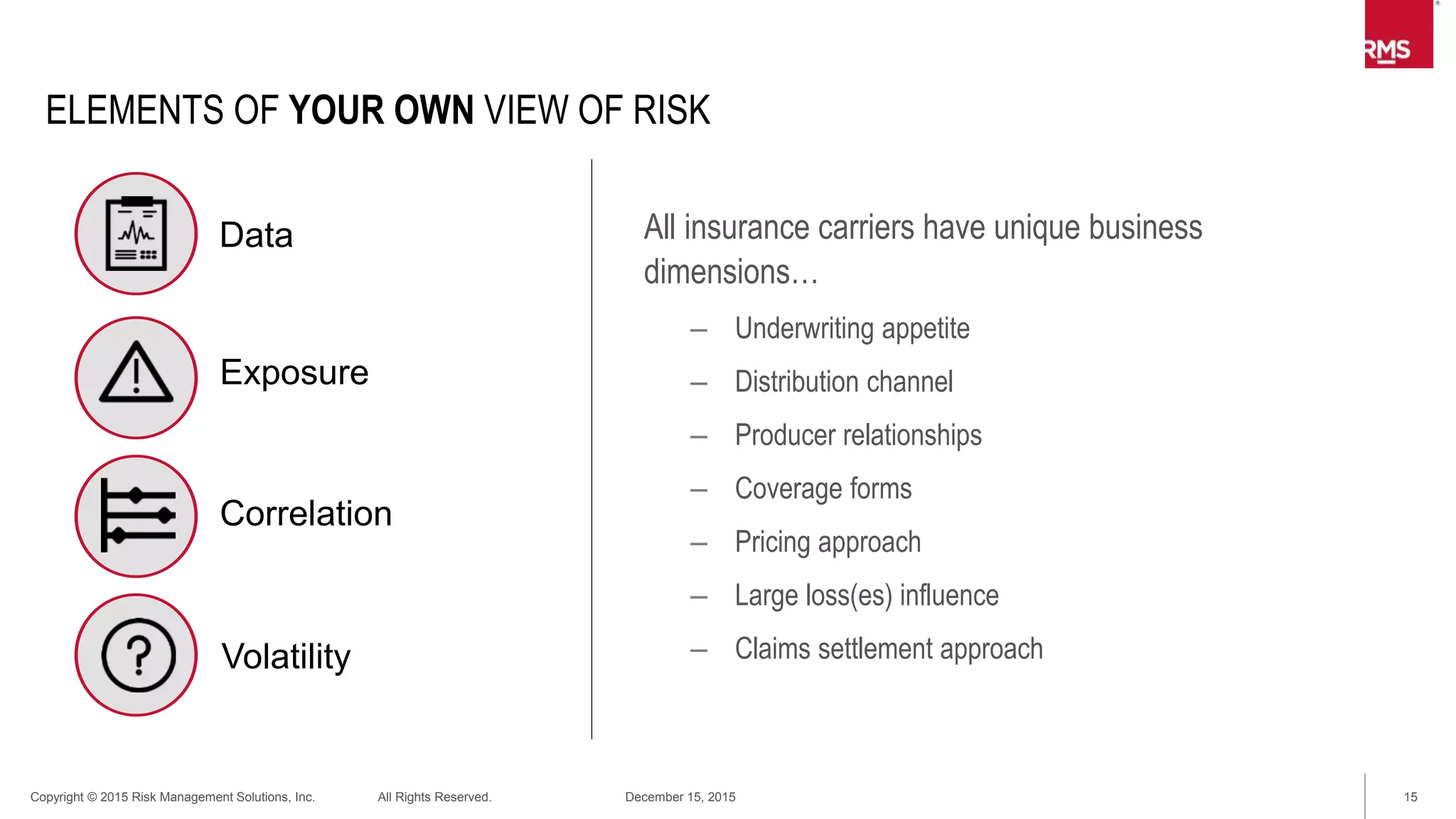 15Copyright © 2015 Risk Management Solutions, Inc. All Rights Reserved. December 15, 2015
EXAMPLE APPROACH TOWARDS OWNING
A VIEW OF CATASTROPHE RISK
Stage 1:
Current
State
Data and quality
Exposure management
Modeled risk
Stage 2:
Initial View
Underwriter experience
Expert opinion (e.g.,
modeling companies)
Historical industry
findings
Stage 3:
Additional
Analyses
Claims analysis
Sensitivity tests
Multiple models
VIEW OF RISK
 