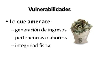 VulnerabilidadesLo que amenace:  generación de ingresos pertenencias o ahorros  integridad física