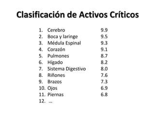Clasificación de Activos CríticosCerebro			9.9Boca y laringe		9.5Médula Espinal		9.3Corazón			9.1Pulmones			8.7Hígado			8.2Sistema Digestivo	8.0Riñones			7.6Brazos			7.3Ojos			6.9Piernas			6.8 …