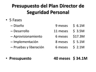 Presupuesto del Plan Director de Seguridad Personal5 FasesDiseño				  9 meses	$  6.1MDesarrollo			11 meses	$  3.5MAprovisionamiento		  6 meses	$17.3MImplementación		  8 meses	$  5.1MPruebas y liberación		  6 meses	$  2.1MPresupuesto			40 meses	$ 34.1M