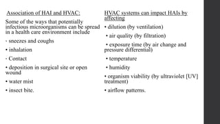 Association of HAI and HVAC:
Some of the ways that potentially
infectious microorganisms can be spread
in a health care environment include
• sneezes and coughs
• inhalation
• Contact
• deposition in surgical site or open
wound
• water mist
• insect bite.
HVAC systems can impact HAIs by
affecting
• dilution (by ventilation)
• air quality (by filtration)
• exposure time (by air change and
pressure differential)
• temperature
• humidity
• organism viability (by ultraviolet [UV]
treatment)
• airflow patterns.
 