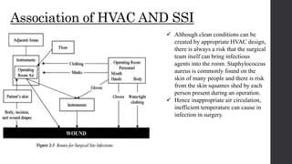 Association of HVAC AND SSI
 Although clean conditions can be
created by appropriate HVAC design,
there is always a risk that the surgical
team itself can bring infectious
agents into the room. Staphylococcus
aureus is commonly found on the
skin of many people and there is risk
from the skin squames shed by each
person present during an operation.
 Hence inappropriate air circulation,
inefficient temperature can cause in
infection in surgery.
 