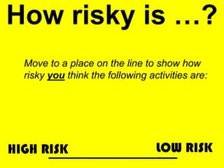 How risky is …?
Move to a place on the line to show how
risky you think the following activities are:
HIGH RISK LOW RISK
 