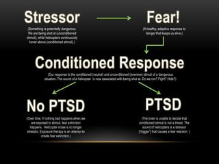 (Something is potentially dangerous.
We are being shot at (unconditioned
stimuli), while helicopters continuously
hover above (conditioned stimuli).)
(A healthy, adaptive response to
danger that keeps us alive.)
(Our response to the conditioned (neutral) and unconditioned (aversive) stimuli of a dangerous
situation. The sound of a helicopter is now associated with being shot at. Do we run? Fight? Hide?)
(Over time, if nothing bad happens when we
are exposed to stimuli, fear extinction
happens. Helicopter noise is no longer
stressful. Exposure therapy is an attempt to
create fear extinction.)
(The brain is unable to decide that
conditioned stimuli is not a threat. The
sound of helicopters is a stressor
[“trigger”] that causes a fear reaction. )
 