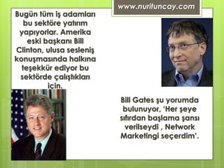 www.nurituncay.com
Bugün tüm iş adamları
   bu sektöre yatırım
 yapıyorlar. Amerika
    eski başkanı Bill
Clinton, ulusa sesleniş
konuşmasında halkına
  teşekkür ediyor bu
 sektörde çalıştıkları
          için.
                          Bill Gates şu yorumda
                           bulunuyor, ‘Her şeye
                          sıfırdan başlama şansı
                            verilseydi , Network
                          Marketingi seçerdim’.
 
