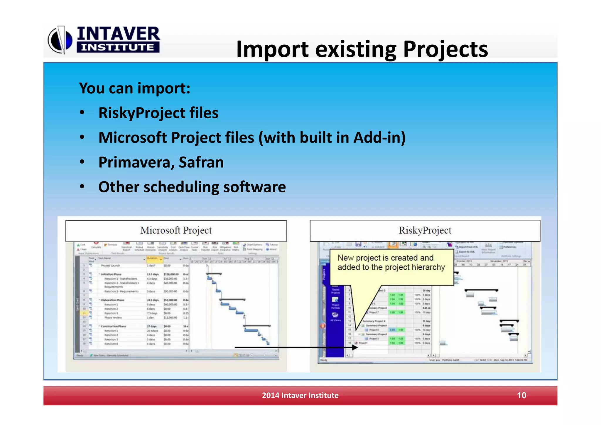 Import existing Projects
You can import:
• RiskyProject files
• Microsoft Project files (with built in Add-in)
• Primavera, Safran
• Other scheduling software
2014 Intaver Institute 10
 