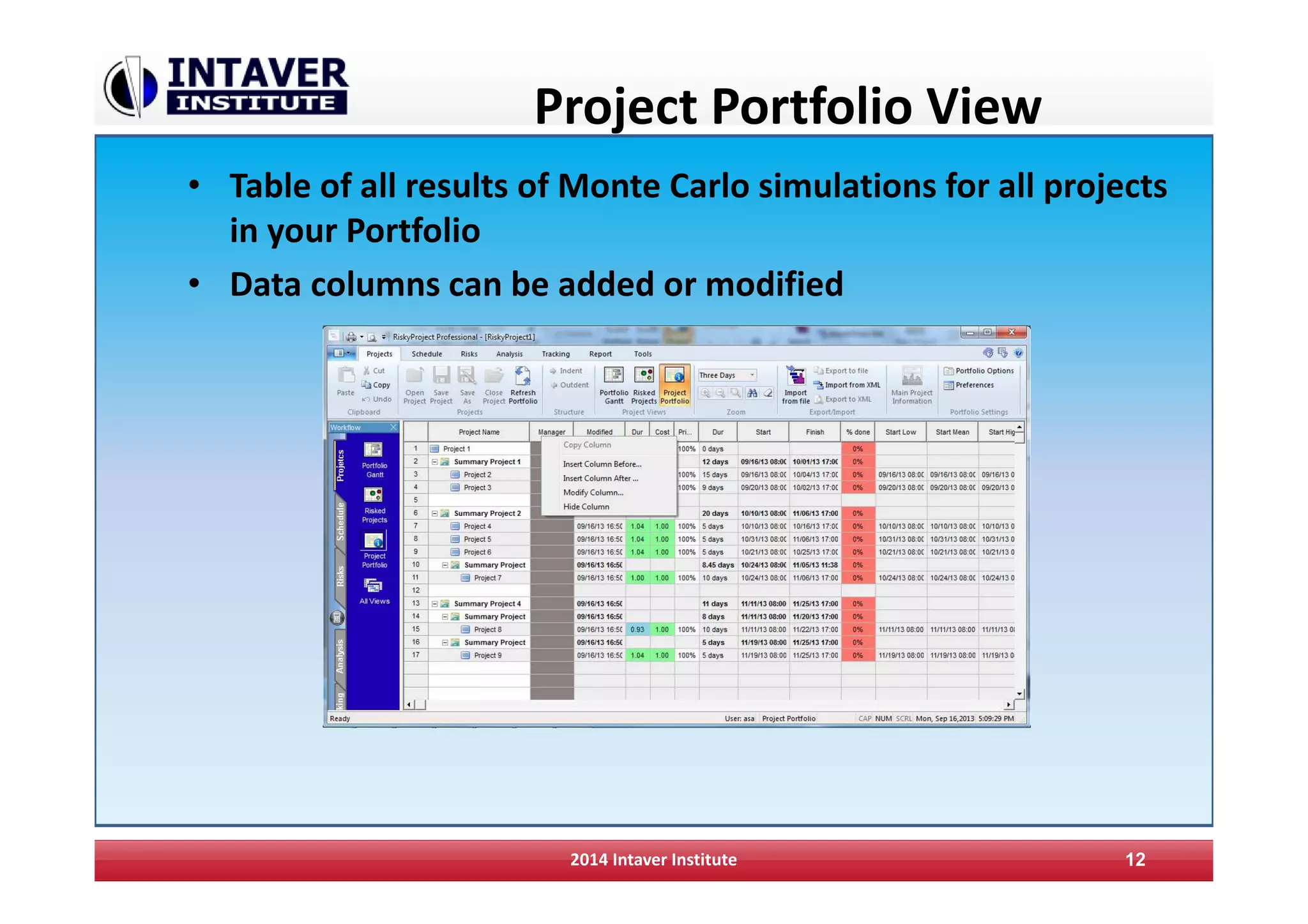 Project Portfolio View
• Table of all results of Monte Carlo simulations for all projects
in your Portfolio
• Data columns can be added or modified
2014 Intaver Institute 12
 