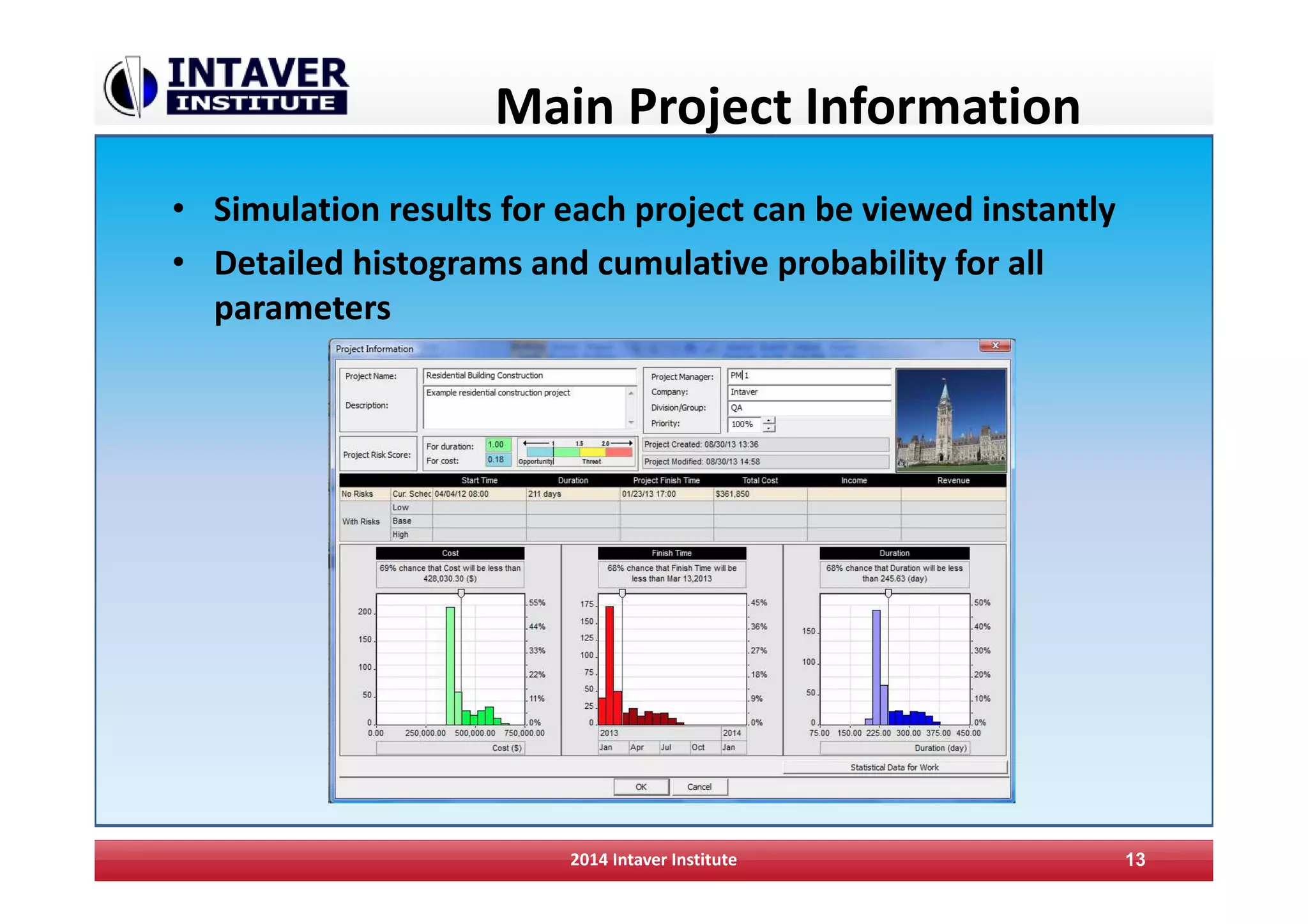 Main Project Information
• Simulation results for each project can be viewed instantly
• Detailed histograms and cumulative probability for all
parameters
2014 Intaver Institute 13
 