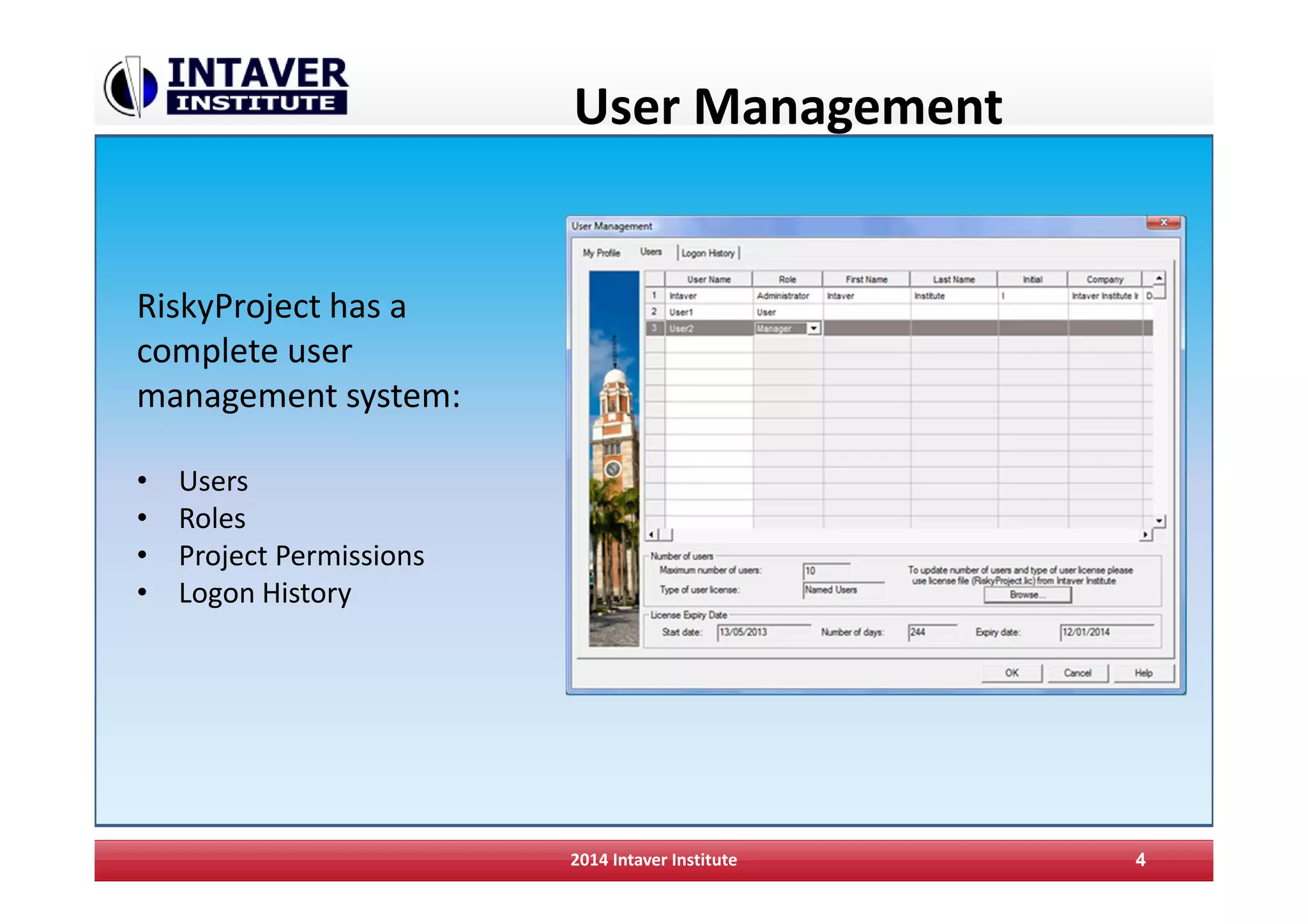 User Management
2014 Intaver Institute 4
RiskyProject has a
complete user
management system:
• Users
• Roles
• Project Permissions
• Logon History
 