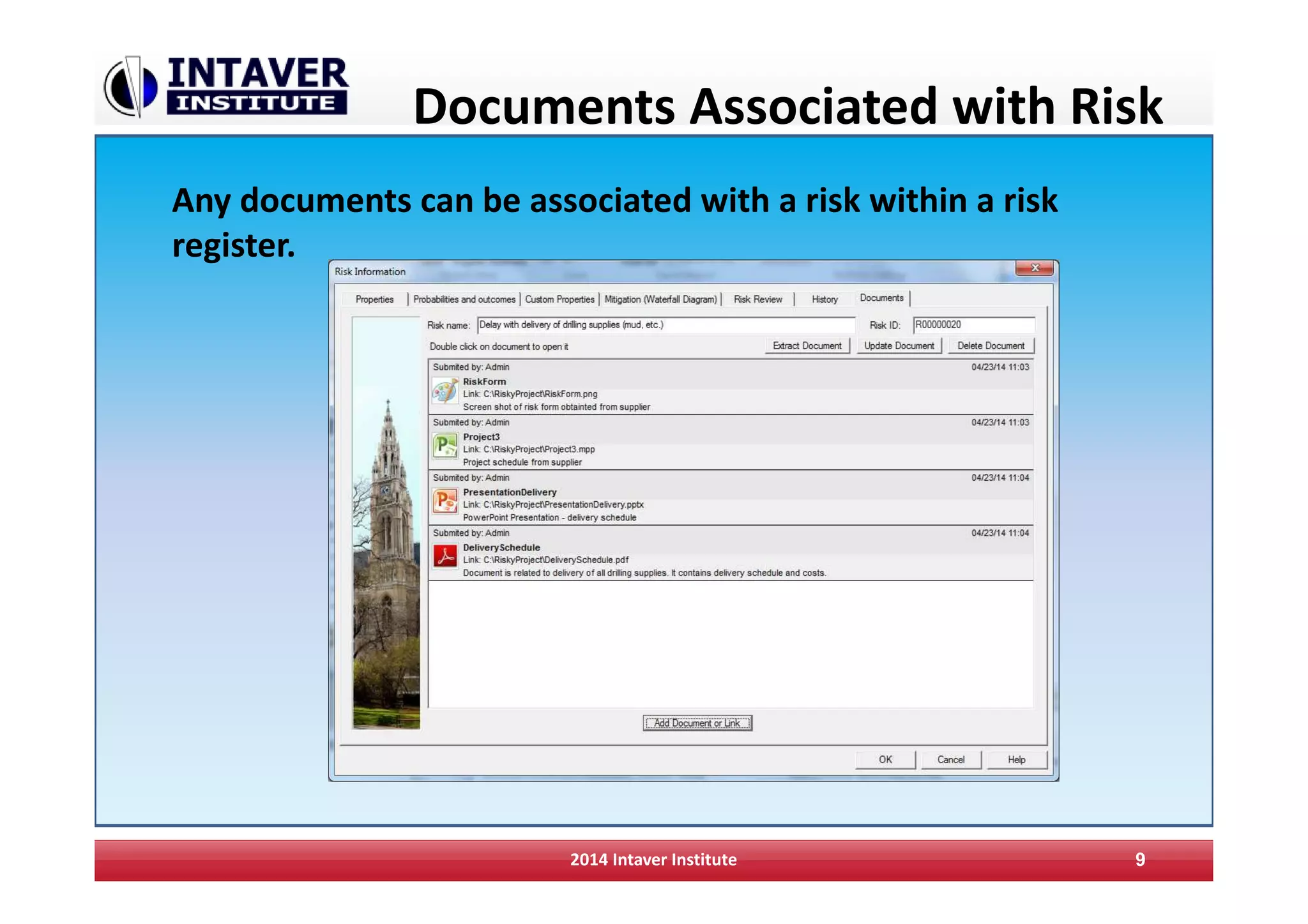 Documents Associated with Risk
2014 Intaver Institute 9
Any documents can be associated with a risk within a risk
register.
 