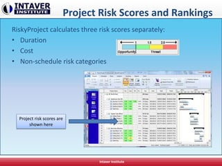 Project Risk Scores and Rankings
RiskyProject calculates three risk scores separately:
• Duration
• Cost
• Non-schedule risk categories
Intaver Institute
Project risk scores are
shown here
 