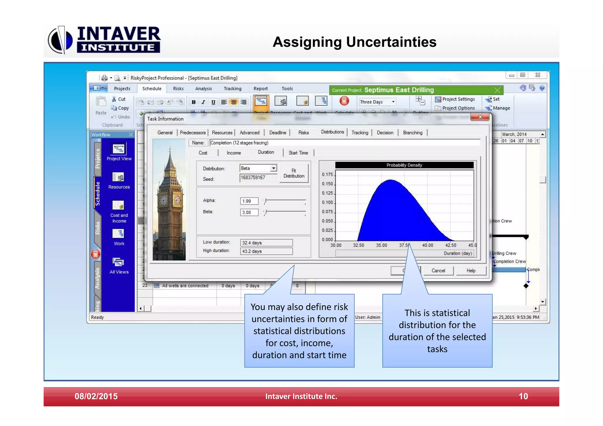 Assigning Uncertainties
08/02/2015 Intaver Institute Inc. 10
You may also define risk
uncertainties in form of
statistical distributions
for cost, income,
duration and start time
This is statistical
distribution for the
duration of the selected
tasks
 