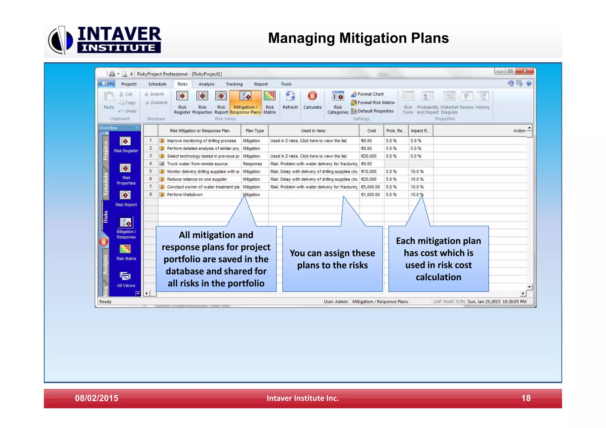 Managing Mitigation Plans
08/02/2015 Intaver Institute Inc. 18
All mitigation and
response plans for project
portfolio are saved in the
database and shared for
all risks in the portfolio
Each mitigation plan
has cost which is
used in risk cost
calculation
You can assign these
plans to the risks
 
