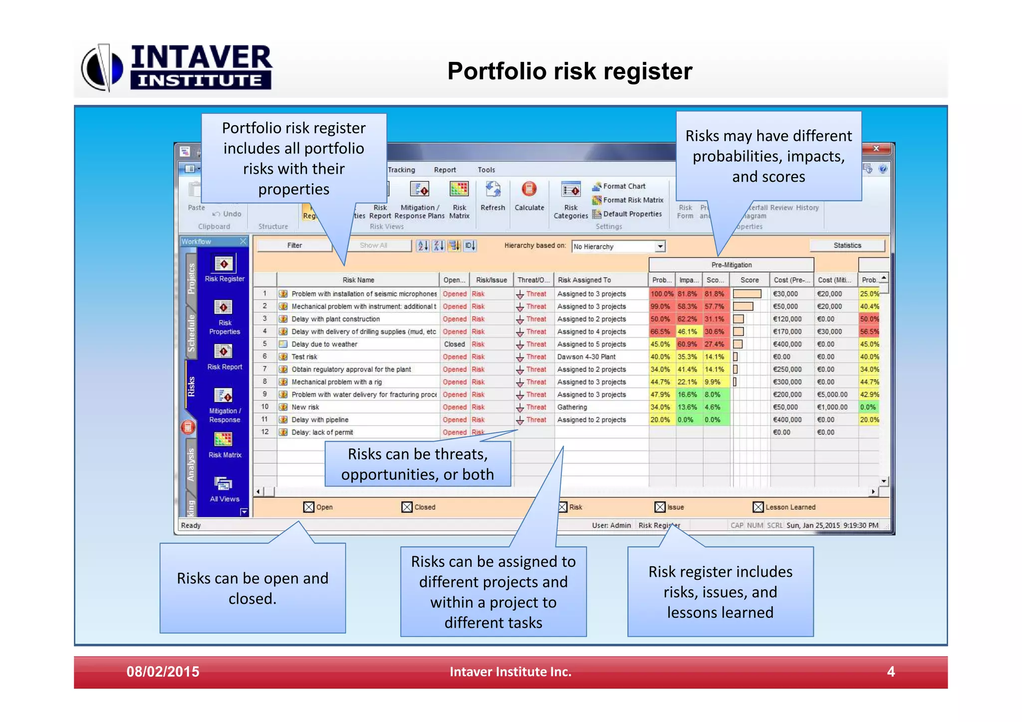 Portfolio risk register
08/02/2015 Intaver Institute Inc. 4
Portfolio risk register
includes all portfolio
risks with their
properties
Risks may have different
probabilities, impacts,
and scores
Risks can be assigned to
different projects and
within a project to
different tasks
Risk register includes
risks, issues, and
lessons learned
Risks can be open and
closed.
Risks can be threats,
opportunities, or both
 