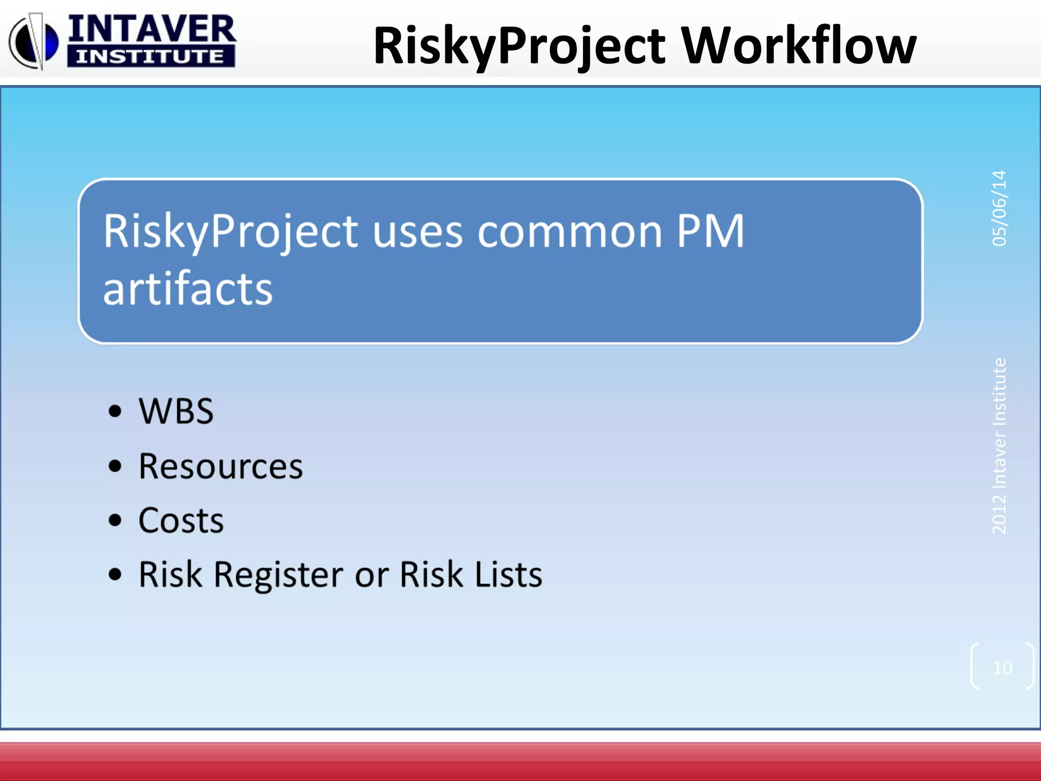 2012IntaverInstitute05/06/14
10
RiskyProject Workflow
 