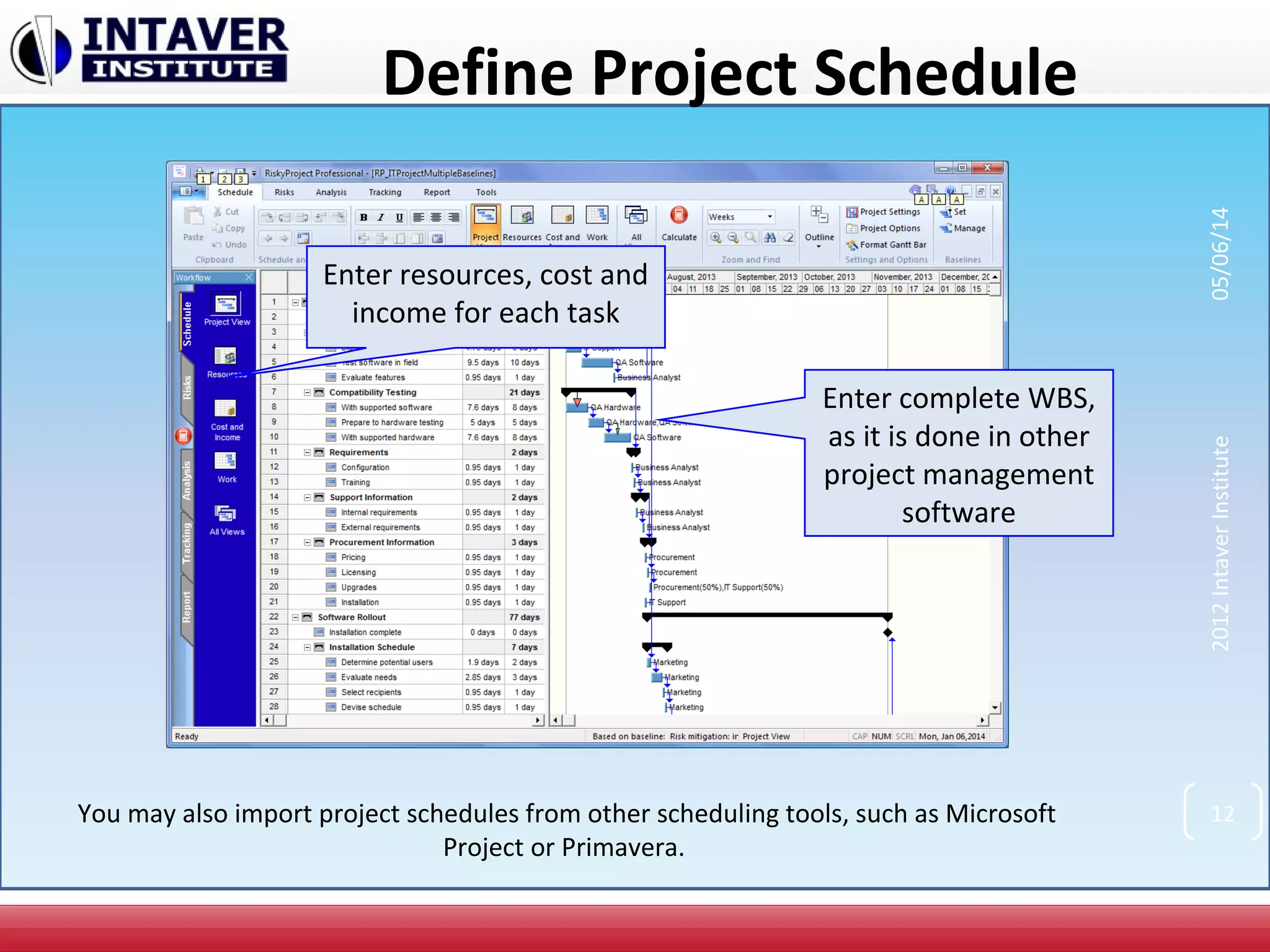 Define Project Schedule
Enter complete WBS,
as it is done in other
project management
software
Enter resources, cost and
income for each task
You may also import project schedules from other scheduling tools, such as Microsoft
Project or Primavera.
2012IntaverInstitute05/06/14
12
 