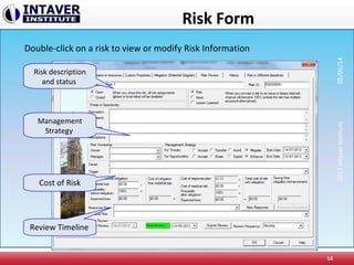 Risk Form
14
Risk description
and status
Cost of Risk
Management
Strategy
Review Timeline
Double-click on a risk to view or modify Risk Information
2012IntaverInstitute05/06/14
 