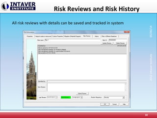 Risk Reviews and Risk History
18
All risk reviews with details can be saved and tracked in system
2012IntaverInstitute05/06/14
 