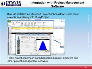 Integration with Project Management
Software
38
Risk tab installed on Microsoft Project ribbon allows users move
projects seamlessly into RiskyProject
2012IntaverInstitute05/06/14
RiskyProject can import schedules from Oracle Primavera and
other project management software.
 