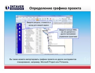 Определение графика проекта
Введите полные WBS,
как это делается в
других программах
управления проектами
Введите ресурсы, стоимость и
доход для каждой задачи
Вы также можете импортировать графики проекта из других инструментов
планирования, например, Microsoft Project или Primavera.
12
 
