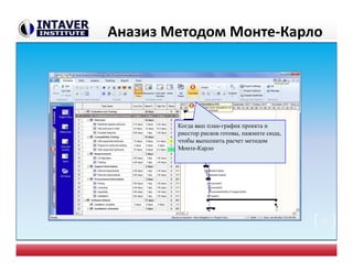 Аназиз Методом Монте-Карло
Когда ваш план-график проекта и
риестор рисков готовы, нажмите сюда,
чтобы выполнить расчет методом
Монте-Карло
21
 