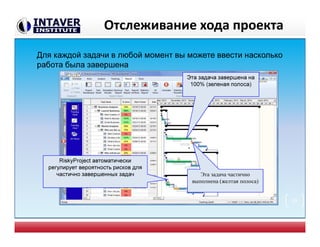 Отслеживание хода проекта
Эта задача завершена на
100% (зеленая полоса)
Для каждой задачи в любой момент вы можете ввести насколько
работа была завершена
Эта задача частично
выполнена (желтая полоса)
RiskyProject автоматически
регулирует вероятность рисков для
частично завершенных задач
33
 