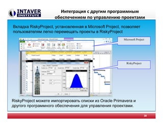 Интеграция с другим программным
обеспечением по управлению проектами
38
Вкладка RiskyProject, установленная в Microsoft Project, позволяет
пользователям легко перемещать проекты в RiskyProject
RiskyProject можете импортировать списки из Oracle Primavera и
другого программного обеспечения для управления проектами.
Microsoft Project
RiskyProject
 