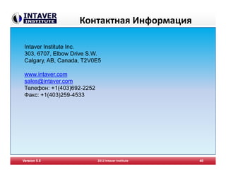 Контактная Информация
Version 5.0 2012 Intaver Institute 40
Intaver Institute Inc.
303, 6707, Elbow Drive S.W.
Calgary, AB, Canada, T2V0E5
www.intaver.com
sales@intaver.com
Телефон: +1(403)692-2252
Факс: +1(403)259-4533
 