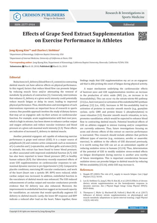 Effects of Grape Seed Extract Supplementation
on Exercise Performance in Athletes
Editorial
ReductionsinO2
delivery(bloodflowxO2
content)tocontracting
skeletal muscle can have adverse effects on physical performance.
In this regard, factors that reduce blood flow can promote fatigue
by reducing muscle force and/or attenuating the removal of
metabolic by products of contraction [1]. Conversely, interventions
that enhance O2
delivery at a given work intensity could potentially
reduce muscle fatigue or delay its onset, leading to improved
physical performance. Thus, identification and investigation of such
interventions represents an important focus of research in sports
science. One possible approach involves the study of dietary factors
that may act as ergogenic aids via their actions on cardiovascular
function. For example, acute supplementation with beet root juice,
which is high in nitrates, has been shown to enhance cardiac output
and oxygen utilization and reduce vascular resistance and blood
pressure at a given sub-maximal work intensity [2,3]. These effects
are indicative of increased O2
delivery to skeletal muscle.
Another potential ergogenic aid capable of enhancing exercise
performance is grape seed extract (GSE). It is a major source of
polyphenols [4] and contains active compounds such as monomers
of (+)-catechin and (-)-epicatechin, and their gallic acid esters [4,5].
In animals, this extract has been found to lower blood pressure;
an effect associated with improved endothelial function [6,7]. GSE
has also been reported to lower blood pressure (BP) in healthy
human subjects [8,9]. Our laboratory recently examined effects of
acute GSE supplementation on cardiovascular responses to sub-
maximal dynamic exercise in pre-hypertensive’s [10]. Compared to
placebo conditions, exercising BP, vascular conductance, and work
of the heart (heart rate x systolic BP; RPP) were reduced, while
cardiac output was increased. In addition, endothelial function in
the vasculature of skeletal muscle was enhanced. The GSE-induced
enhancements of cardiac output and vascular conductance provide
evidence that O2 delivery was also enhanced. Moreover, the
improvements in endothelial function suggest an increased capacity
for vasodilation; an outcome that would specifically augment O2
delivery to skeletal muscle. Lastly, the lower BP response and RPP
indicate a reduced after load on the heart. Taken together, these
findings imply that GSE supplementation my act as an ergogenic
aid that is able prolong the onset of fatigue during physical activity.
A major mechanism underlying the cardiovascular effects
of beetroot juice and GSE supplementation involves an increase
in the production of nitric oxide (NO) (i.e., an increase in its
bioavailability). This can occur via the nitrate-nitrite-NO pathway
[11](i.e.,beetrootjuice)oractivationoftheendothelialNOsynthase
pathway [12] (i.e., GSE). Increases in NO bio-availability lead to
activation of proteins in vascular smooth muscle (e.g., guanylate
cyclase, cyclic GMP, and protein kinase G phosphorylation) to
cause relaxation [12]. Vascular smooth muscle relaxation, in turn,
promotes vasodilation, which would be expected to enhance blood
flow to contracting skeletal muscle. Potential beneficial effects of
GSE on athletes engaged in intense training and/or competition
are currently unknown. Thus, future investigations focusing on
acute and chronic effects of this extract on exercise performance
is warranted. This research should include athletes that perform
different types of exercise (e.g., resistance, aerobic or anaerobic
exercise). In addition to the effects of GSE discussed previously,
it is worth noting that GSE can act as an antioxidant capable of
reducing oxidative stress in humans [13,14]. Thus, determination
of the potential of GSE to modify oxidative stress-evoked effects
on fatigue development during exercise is another area worthy
of future investigation. This is important consideration because
oxidative stress can provoke fatigue in skeletal muscle by reducing
NO bio-availability [15,16], while GSE may increase it.
References
1.	 Hepple RT (2002) The role of O2
supply in muscle fatigue. Can J Appl
Physiol 27(1): 56-69.
2.	 Lee JS, Stebbins CL, Jung E, Nho H, Kim JK, et al. (2015) Effects of chronic
dietary nitrate supplementation on the hemodynamic response to
dynamic exercise. Am J Physiol Regul Integr Comp Physiol 309(5):
R459-R466.
3.	 Thompson C, Wylie LJ, Blackwell JR, Fulford J, Black MI, et al. (2017)
Influence of dietary nitrate supplementation on physiological and
muscle metabolic adaptations to sprint interval training. J Appl Physiol
122(3): 642-652.
Editorial
113Copyright © All rights are reserved by Jong-Kyung Kim
Volume 2 - Issue - 1
Jong-Kyung Kim1
* and Charles L Stebbins2
1
Department of Kinesiology, California Baptist University, USA
2
Department of Internal Medicine, University of California at Davis, USA
*Corresponding author: Jong-Kyung Kim, Department of Kinesiology, California Baptist University, Riverside, California 92504, USA
Submission: March 10, 2018; Published: March 16, 2018
Research & Investigations in
Sports MedicineC CRIMSON PUBLISHERS
Wings to the Research
ISSN: 2577-1914
 
