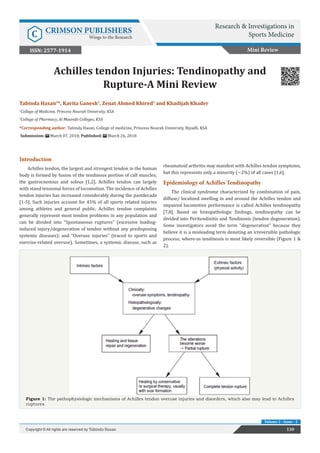 Achilles tendon Injuries: Tendinopathy and
Rupture-A Mini Review
Introduction
Achilles tendon, the largest and strongest tendon in the human
body is formed by fusion of the tendinous portion of calf muscles;
the gastrocnemius and soleus [1,2]. Achilles tendon can largely
with stand tensional forces of locomotion. The incidence of Achilles
tendon injuries has increased considerably during the pastdecade
[1-5]. Such injuries account for 45% of all sports related injuries
among athletes and general public. Achilles tendon complaints
generally represent most tendon problems in any population and
can be divided into “Spontaneous ruptures” (excessive loading-
induced injury/degeneration of tendon without any predisposing
systemic diseases); and “Overuse injuries” (traced to sports and
exercise-related overuse). Sometimes, a systemic disease, such as
rheumatoid arthritis may manifest with Achilles tendon symptoms,
but this represents only a minority (~2%) of all cases [1,6].
Epidemiology of Achilles Tendinopathy
The clinical syndrome characterized by combination of pain,
diffuse/ localized swelling in and around the Achilles tendon and
impaired locomotive performance is called Achilles tendinopathy
[7,8]. Based on histopathologic findings, tendinopathy can be
divided into Peritendinitis and Tendinosis (tendon degeneration).
Some investigators avoid the term ‘‘degeneration’’ because they
believe it is a misleading term denoting an irreversible pathologic
process; where-as tendinosis is most likely reversible (Figure 1 &
2).
Mini Review
Research & Investigations in
Sports MedicineC CRIMSON PUBLISHERS
Wings to the Research
130Copyright © All rights are reserved by Tabinda Hasan
Volume 2 - Issue - 2
Tabinda Hasan1
*, Kavita Ganesh1
, Zenat Ahmed Khired1
and Khadijah Khader
1
College of Medicine, Princess Nourah University, KSA
2
College of Pharmacy, Al Maarefa Colleges, KSA
*Corresponding author: Tabinda Hasan, College of medicine, Princess Nourah University, Riyadh, KSA
Submission: March 07, 2018; Published: March 26, 2018
ISSN: 2577-1914
Figure 1: The pathophysiologic mechanisms of Achilles tendon overuse injuries and disorders, which also may lead to Achilles
ruptures.
 